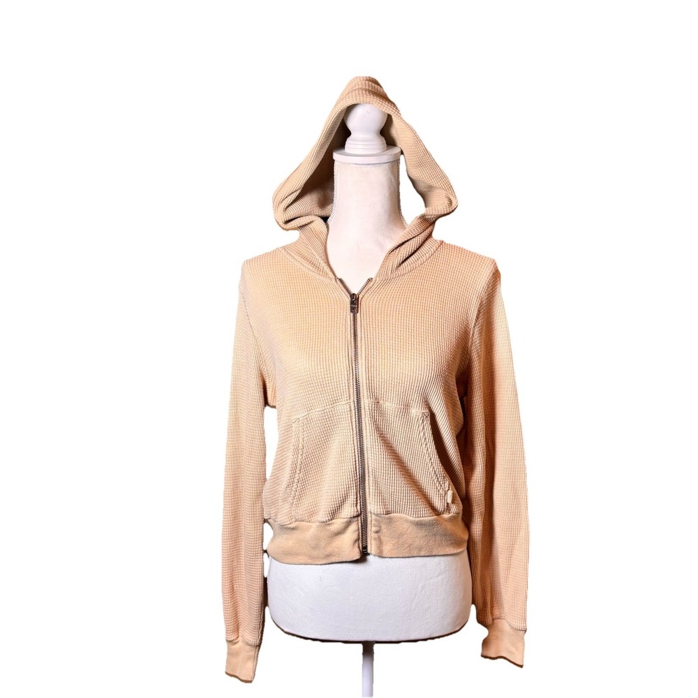Aritzia TNA Waffle‎ Knit Zip Hoodie Cream Beige Womens Small Hooded Jacket - Picture 3 of 5